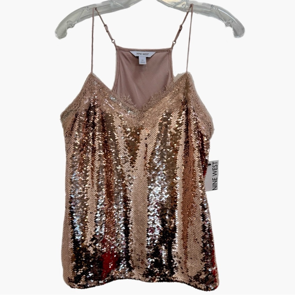 Nine West Rose Gold Sequin Lace Tank Top NWT Medium Party Holiday Cami